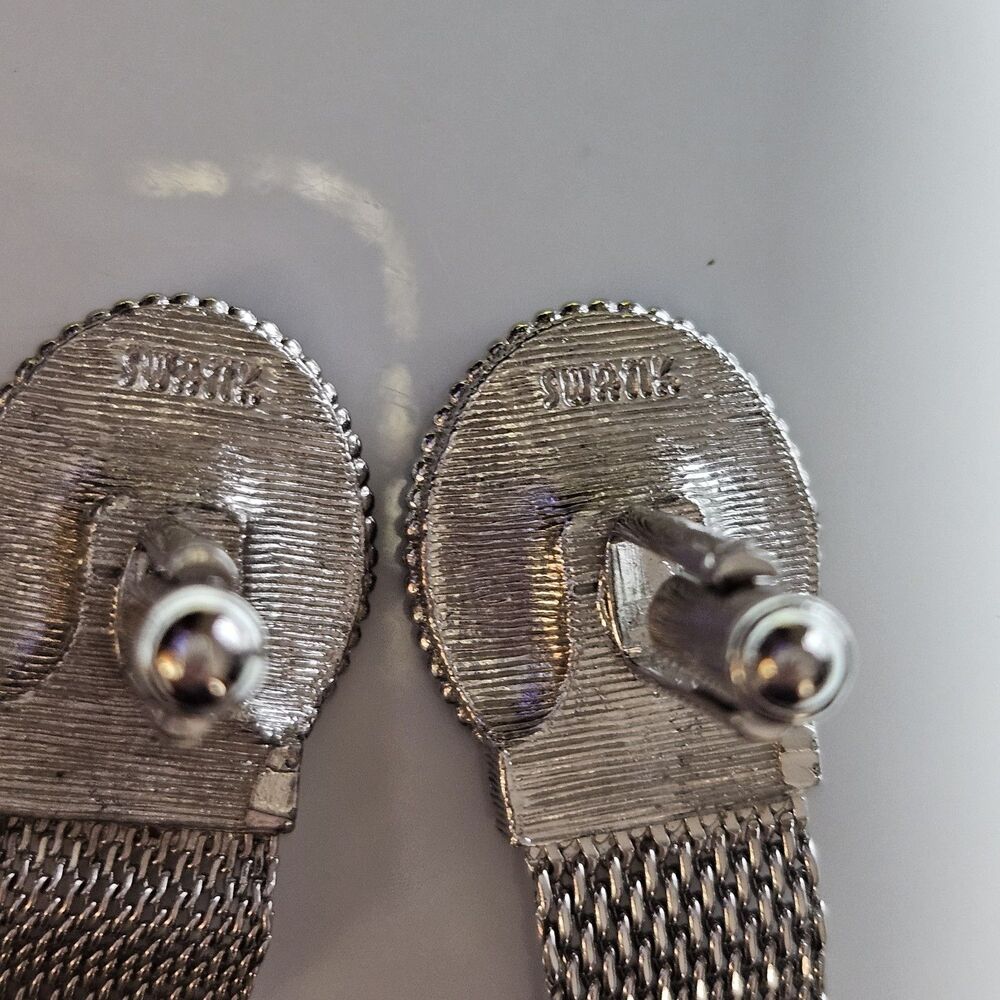 Vintage Swank Clear Marquise Shape Rhine Wrap Around Mesh Silver Tone Cuff Links - Picture 5 of 12